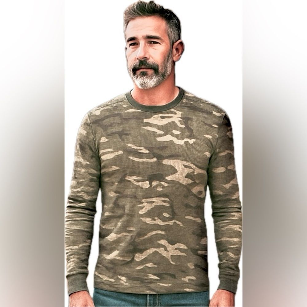 Ralph Lauren RRL Cotton Olive Camo Long Sleeve Thermal Waffle-Knit Tee Shirt - Picture 7 of 16